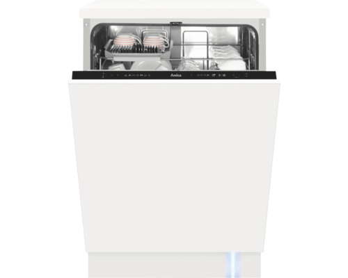 AMICA EGSPV 594 900 Volledig geïntegreerde vaatwasmachine 60 cm Witte vaatwasser met open deur en vaatwerk binnenin.