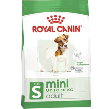 Royal Canin Logo. Verpakking Royal Canin Mini Adult droog hondenvoer tot 10 kilogram voor kleine rassen. Gewichtsbehoud. Optimale gezondheidsondersteuning.