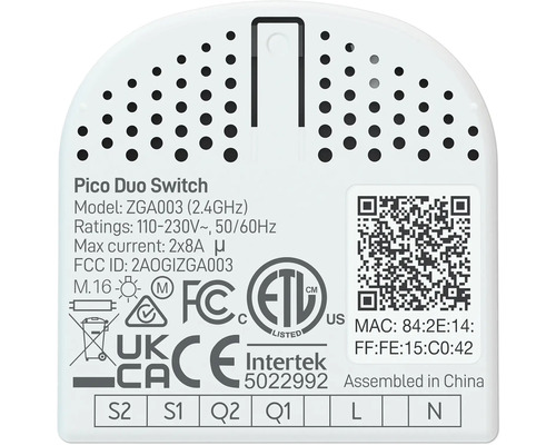 Pico Duo Schakelaar met technische gegevens en certificeringen