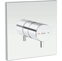 Vitra logo op een vierkante metalen kraan