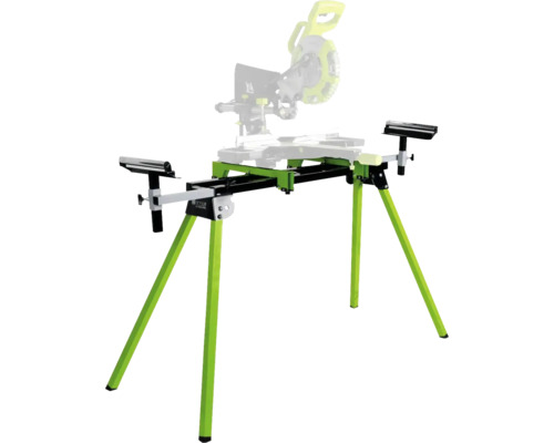 Verstekzaagstandaard met verstelbare verlengstukken ter ondersteuning van lange werkstukken