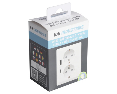 ION Industries stopcontactset met twee stopcontacten en USB-aansluitingen in verpakking