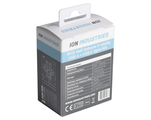 ION Industries wandcontactdoos half opbouw tweevoudig USB A + USB C alpin wit verpakking