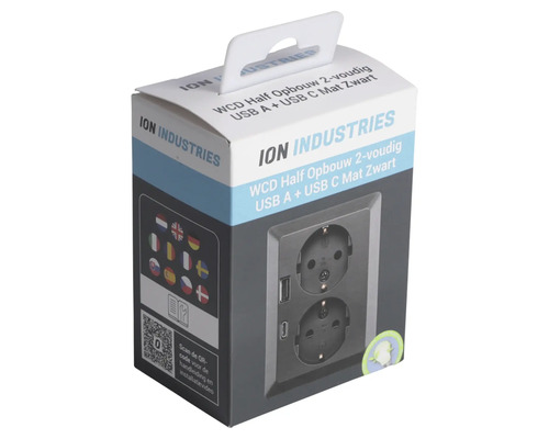 ION Industries stopcontact met USB aansluitingen in productverpakking