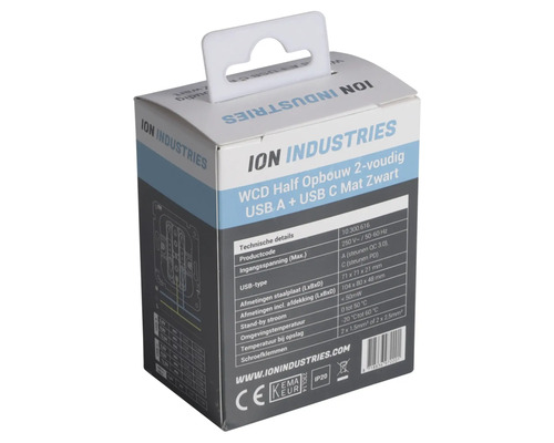 ION Industries dubbele wandcontactdoos met USB A en USB C aansluiting, matte uitvoering in zwart, verpakking