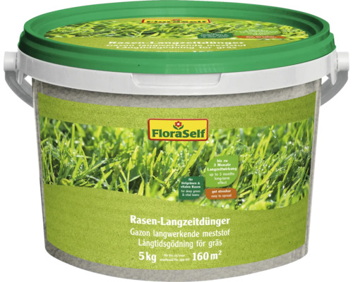 FLORASELF Gazon meststof langwerkend 5 kg Emmer met gazonmeststof voor lange termijn, 5 kilogram voor maximaal 160 vierkante meter