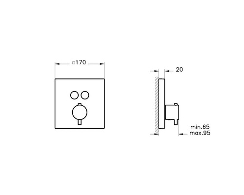Technische tekening van een inbouwthermostaat met maatvoering