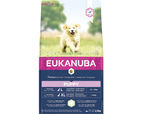 Eukanuba Puppy droogvoer voor puppy''s van grote rassen van één tot achttien maanden en zeer grote rassen van één tot vierentwintig maanden met lam en rijst in een verpakking van 2,5 kilogram.