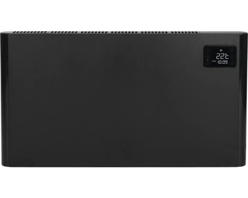 Zwarte radiator met digitale temperatuurweergave.