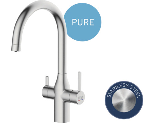 Keukenkraan van roestvrij staal met hoge uitloop en Pure-symbool