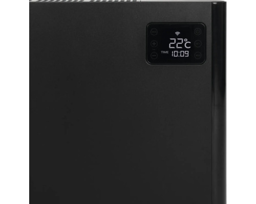 Gedetailleerde weergave van een zwarte radiator met digitale temperatuurweergave