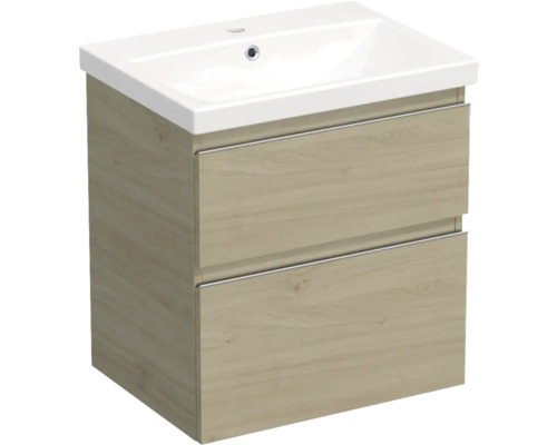 JUNGBORN Badkamermeubelset greeplijst chroom TRENTA met wastafel 60 cm kendal eiken naturel Wastafelonderkast met twee laden en keramische wastafel