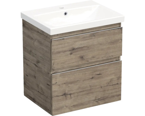 JUNGBORN Badkamermeubelset greeplijst chroom TRENTA met wastafel 60 cm wellington eiken Wastafelonderkast met twee laden en opzetwastafel