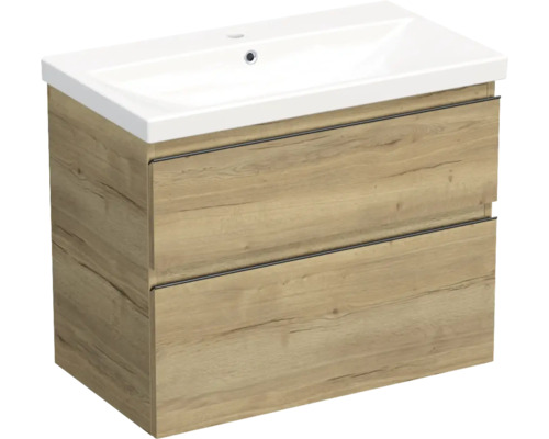 JUNGBORN Badkamermeubelset greeplijst zwart TRENTA met wastafel 80 cm halifax eiken naturel Wastafelonderkast met twee laden en houten decor