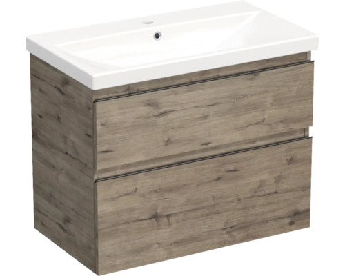 JUNGBORN Badkamermeubelset greeplijst zwart TRENTA met wastafel 80 cm wellington eiken Wastafelonderkast met twee laden en keramische wastafel