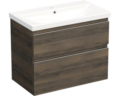JUNGBORN Badkamermeubelset greeplijst chroom TRENTA met wastafel 80 cm gladstone eiken tabak Wastafelonderkast met twee lades en keramische wastafel