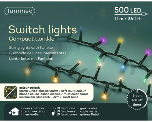 LUMINEO Kerstverlichting LED lichtsnoer switch 500 lampjes gekleurd en warmwit 1,1 meter