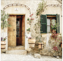 Gevel met open houten deur, raam met luiken en decoratieve bloempotten.