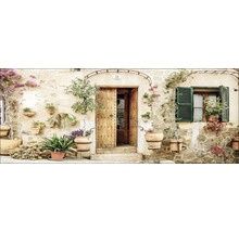 Gevel met deur, luiken en veel planten in potten