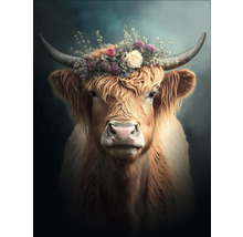 Portret van een Schotse hooglander met bloemenkrans