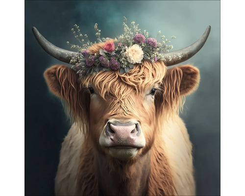 Portret van een Schotse hooglander met een bloemenkrans
