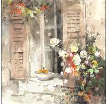 Schilderij van een vensteruitzicht met bloemen en fruit