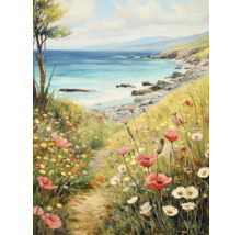 Schilderij van een kustlandschap met een bloemenweide