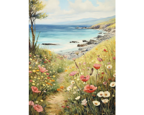 Schilderij van een kustlandschap met een bloemenweide