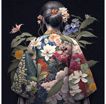 Illustratie van een vrouw met een kimono met bloemenmotief van achteren gezien