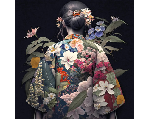 Illustratie van een vrouw met een kimono met bloemenmotief van achteren gezien