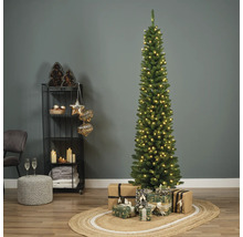 Smalle, verlichte kerstboom met cadeaus op een vloerkleed in een ingerichte kamer.