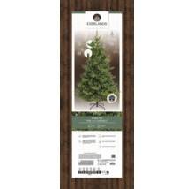 Verpakking van een Everlands Alba-kerstboom met verlichting en voet.