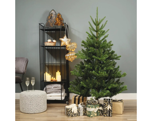 Kerst woonkamerdecoratie met kerstboom, cadeaus en rek