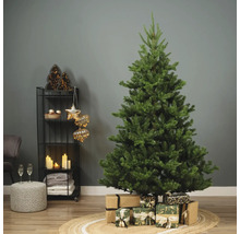 Versierde kerstboom met cadeaus op een vloerkleed in een woonkamer.