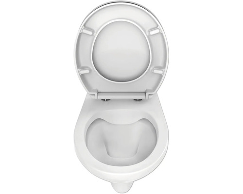 Hangtoilet met open spoelrand en toiletzitting van boven