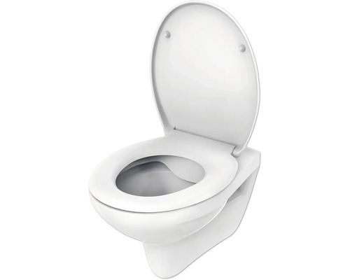 Hangtoilet met open spoelrand en omhooggeklapte zitting