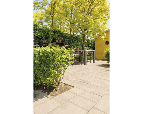 Terras met bestrating, tuinmeubelen en planten