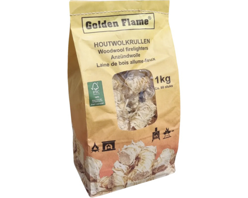 GOLDEN FLAME Aanmaakwokkels houtwolkrullen Verpakking aanmaakwokkels van houtwol, circa 80 stuks, 1 kilogram