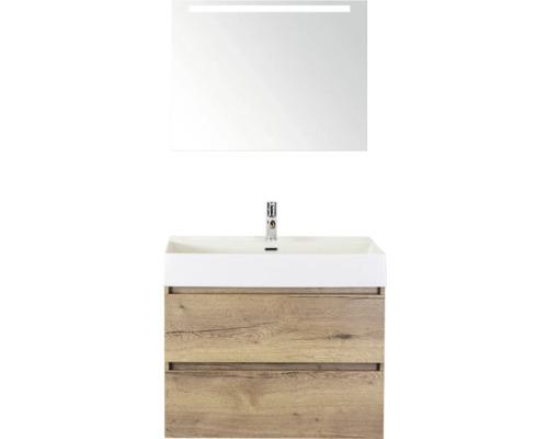 SANOX Badkamermeubelset Maxx XL met spiegelkast en wastafel 81,0 cm natuur eiken Wastafelcombinatie met spiegel en twee laden