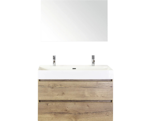SANOX Badkamermeubelset Maxx XL met spiegel en wastafel 101,0 cm natuur eiken Wastafelcombinatie met spiegel en twee lades in houtlook