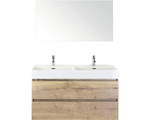 SANOX Badkamermeubelset Maxx XL met spiegel en wastafel 121,0 cm natuur eiken Wastafelmeubel met twee wastafels, spiegel en houten lades voor de badkamer