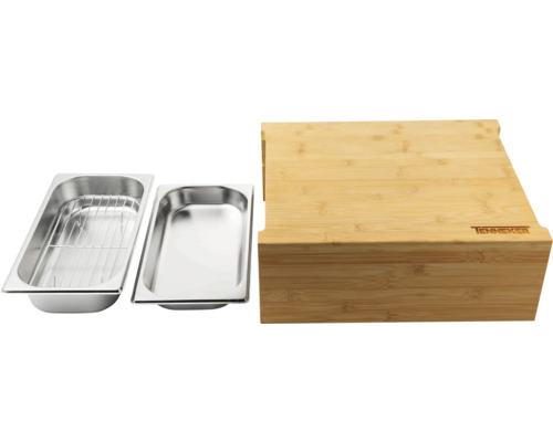 Roestvrijstalen bak met grillrooster en bamboe snijplank