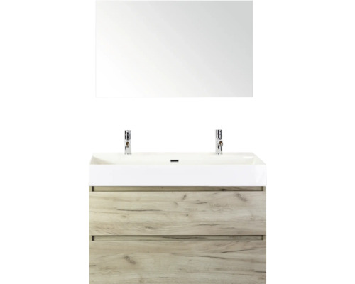 SANOX Badkamermeubelset Maxx XL met spiegel en wastafel 101,0 cm craft oak Wastafelcombinatie met spiegel en twee lades