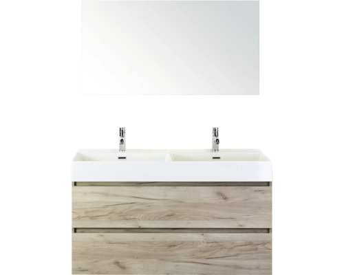SANOX Badkamermeubelset Maxx XL met spiegel en wastafel 121,0 cm craft oak Wastafelmeubel met twee wastafels, spiegel en houten decor