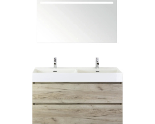 SANOX Badkamermeubelset Maxx XL met spiegelkast en wastafel 121,0 cm craft oak Wastafelmeubel met dubbele wastafel, onderkast en spiegel met verlichting