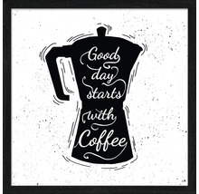 Ingelijste afbeelding met koffiepot en de tekst: Een goede dag begint met koffie.