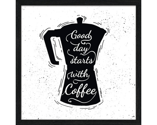 Ingelijste afbeelding met koffiepot en de tekst: Een goede dag begint met koffie.
