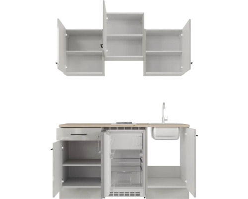 Keukenblok met hangkasten, spoelbak en koelkast