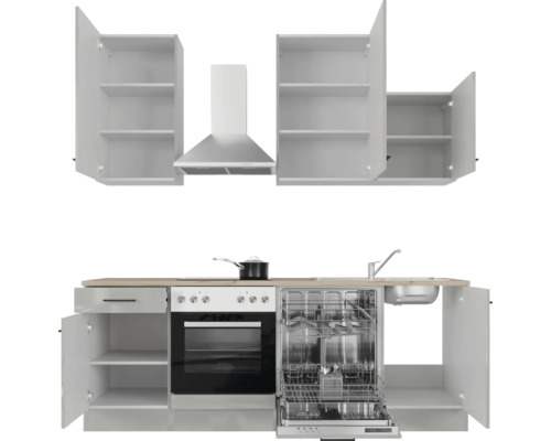 Moderne keuken met inbouwkasten, afzuigkap, fornuis, vaatwasser en spoelbak