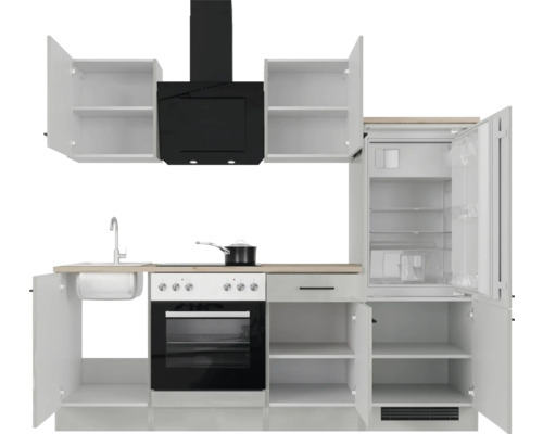 Volledige keuken met gootsteen, fornuis, afzuigkap en koelkast